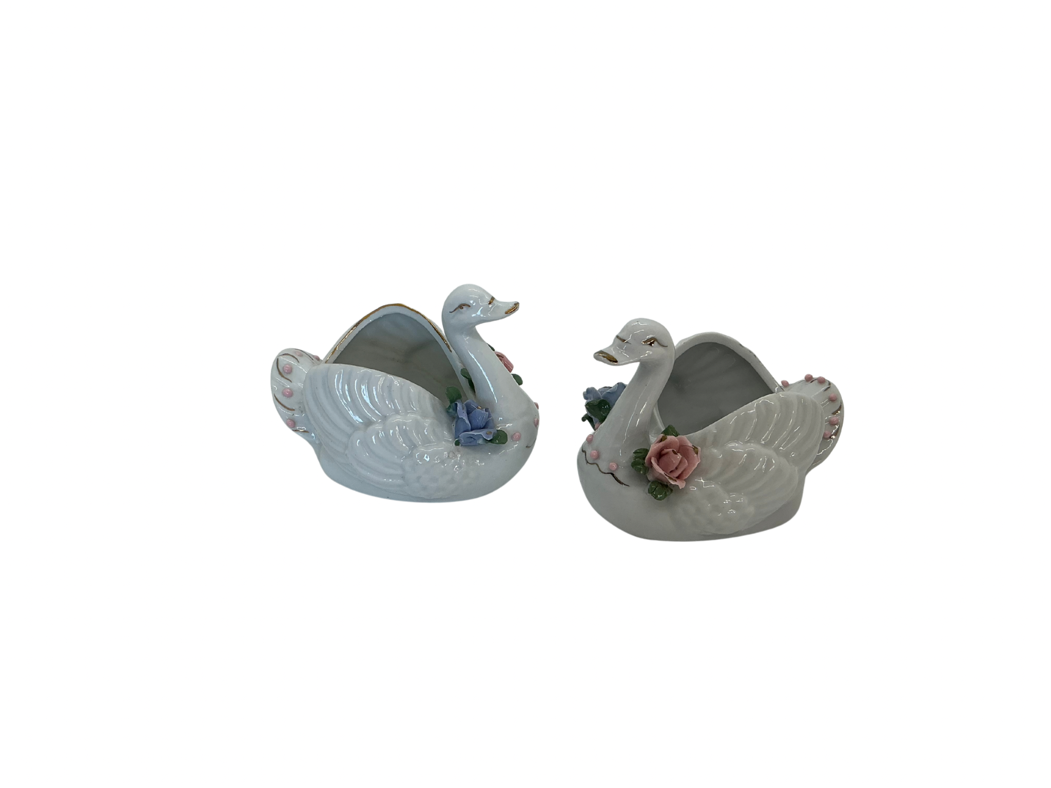 Duo de cygnes en céramique fleurie – style vintage romantique /  Brocante