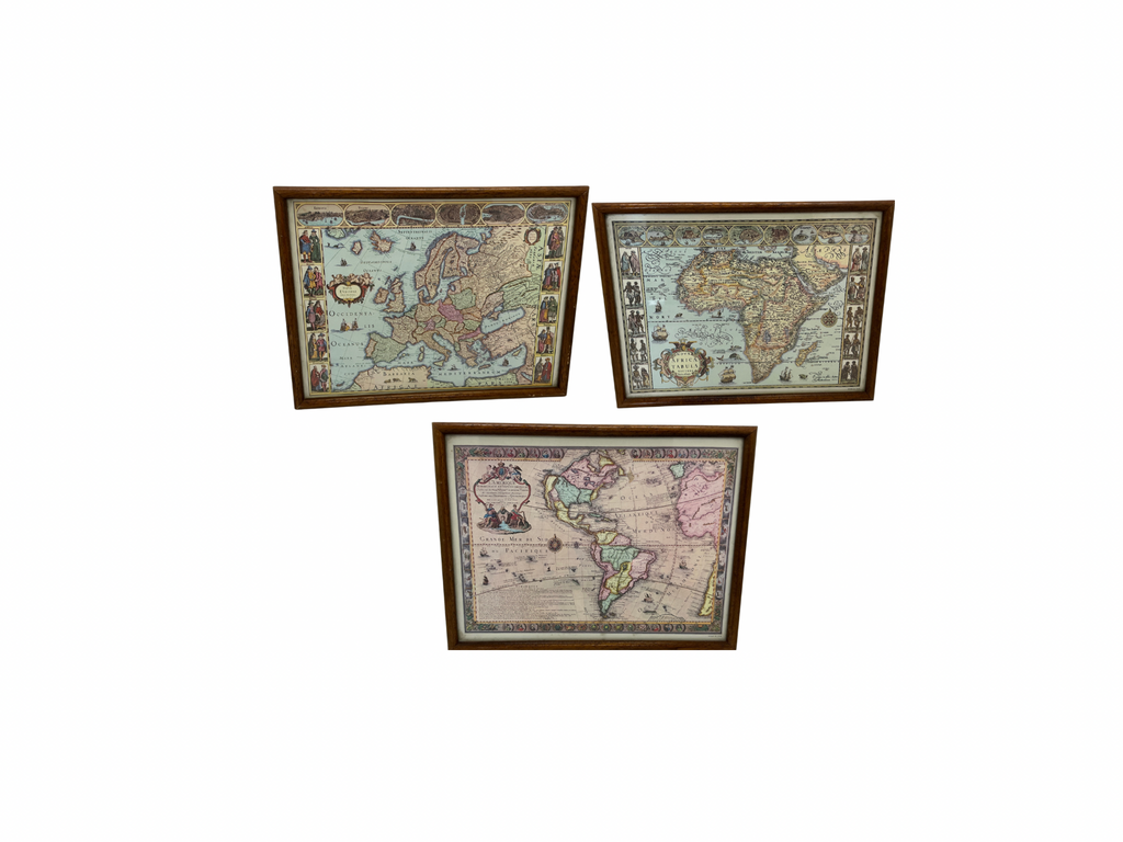 3 Cartes Marines Anciennes Encadrées - Europe, Afrique, Amérique / Brocante