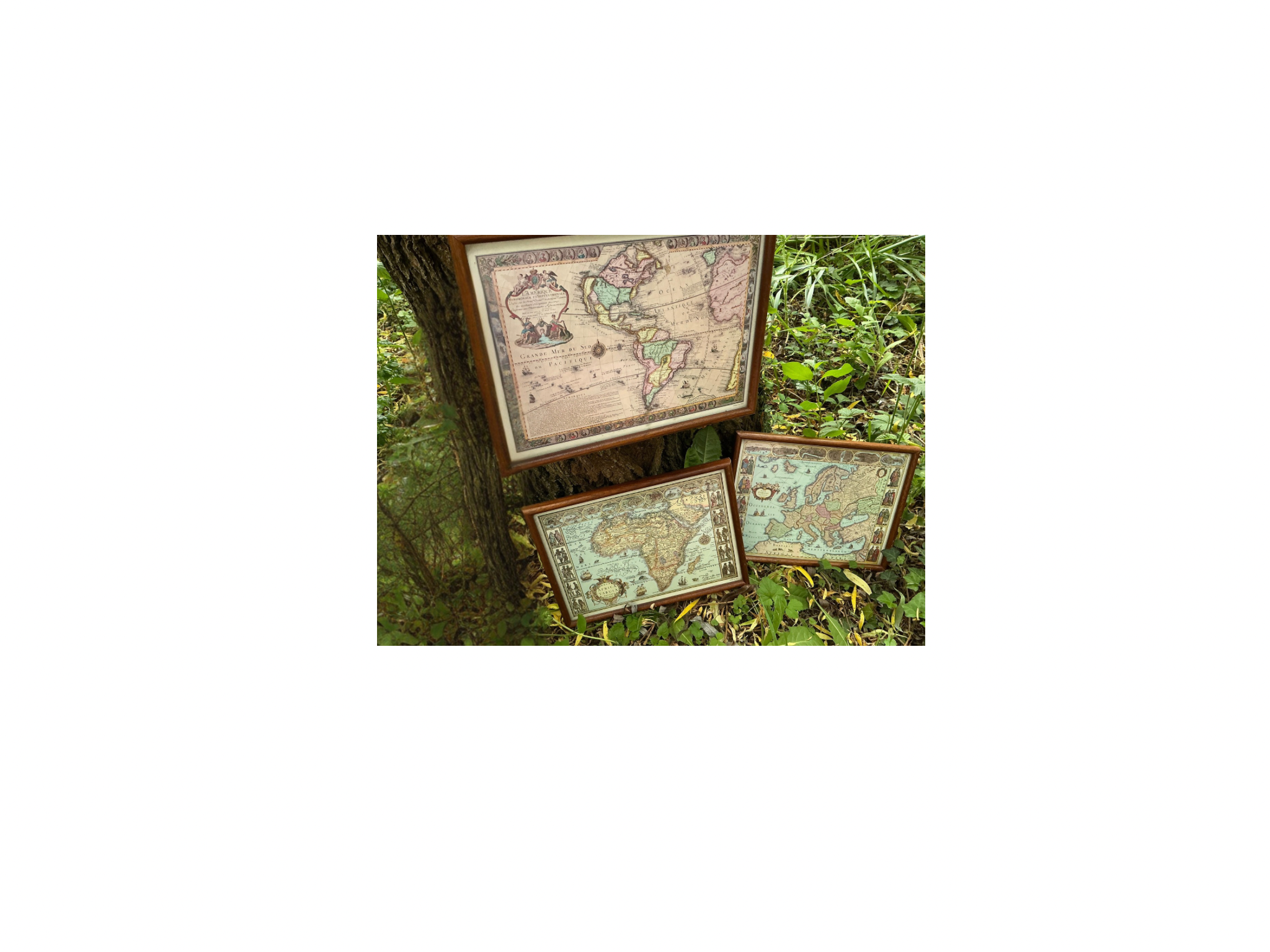 3 Cartes Marines Anciennes Encadrées - Europe, Afrique, Amérique / Brocante