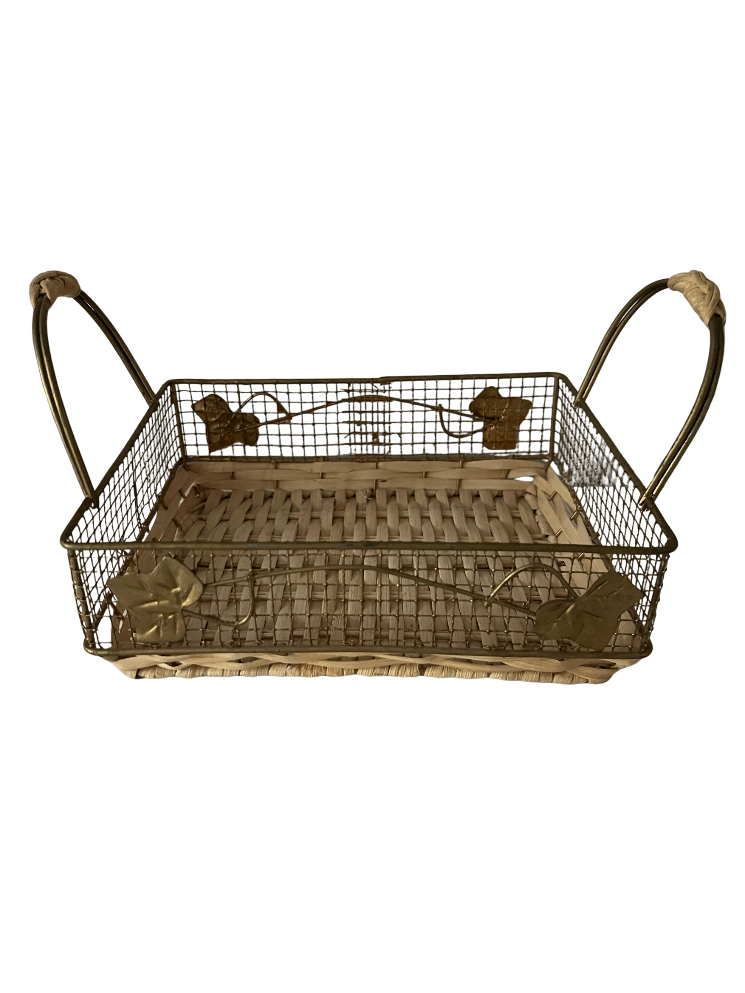 Panier décoratif vintage en métal et osier / Brocante